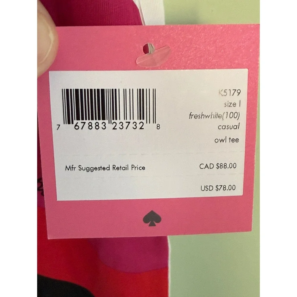 NEW Kate Spade New York Owl Graphic Tee Fresh White Pink whimsical artsy classy